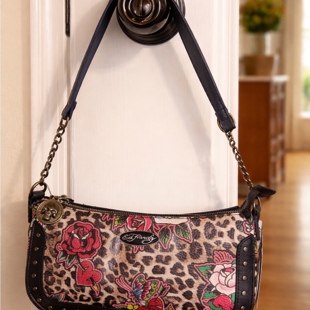 Ed Hardy Floral Leopard Shoulder Bag - Black and Brown
